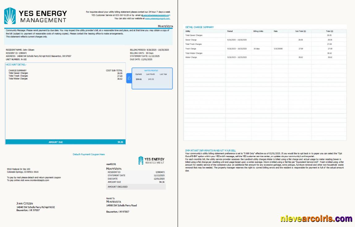 USA YES Energy Management utility bill, 2 pages